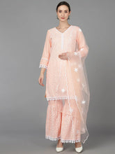 Women Peach Poly Silk Embroidered Kurta Sharara With Dupatta